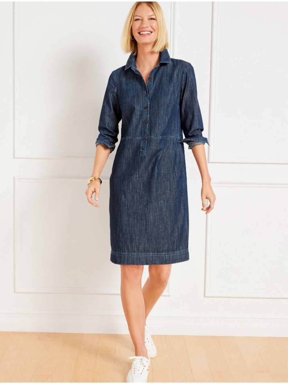 Talbots Shirt Denim Dress Size 2 Petite Blue Front Button Long Sleeve Was $114